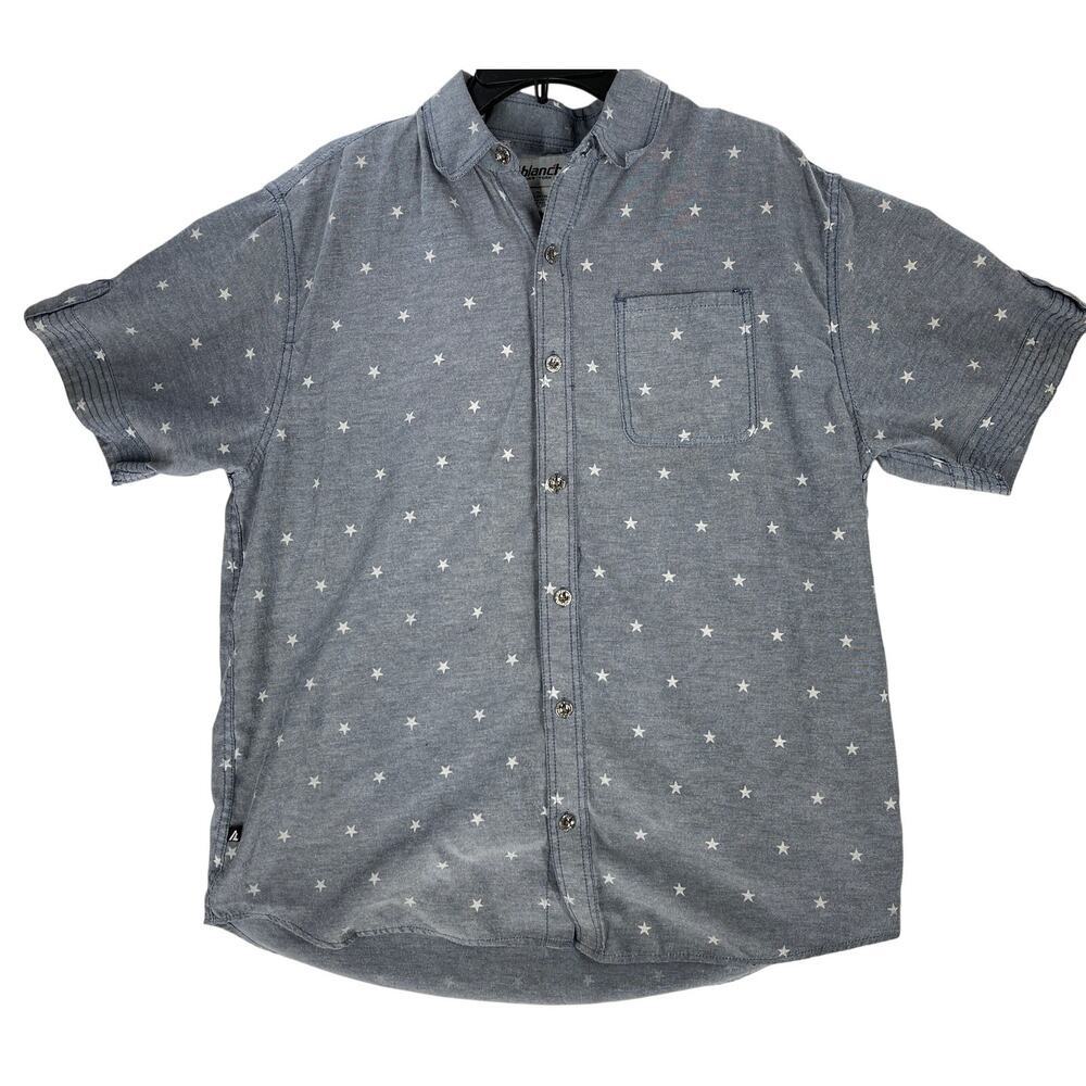 Ablanche Shirt Size L Blue All Over Print Stars Short Sleeve Cotton Button Up